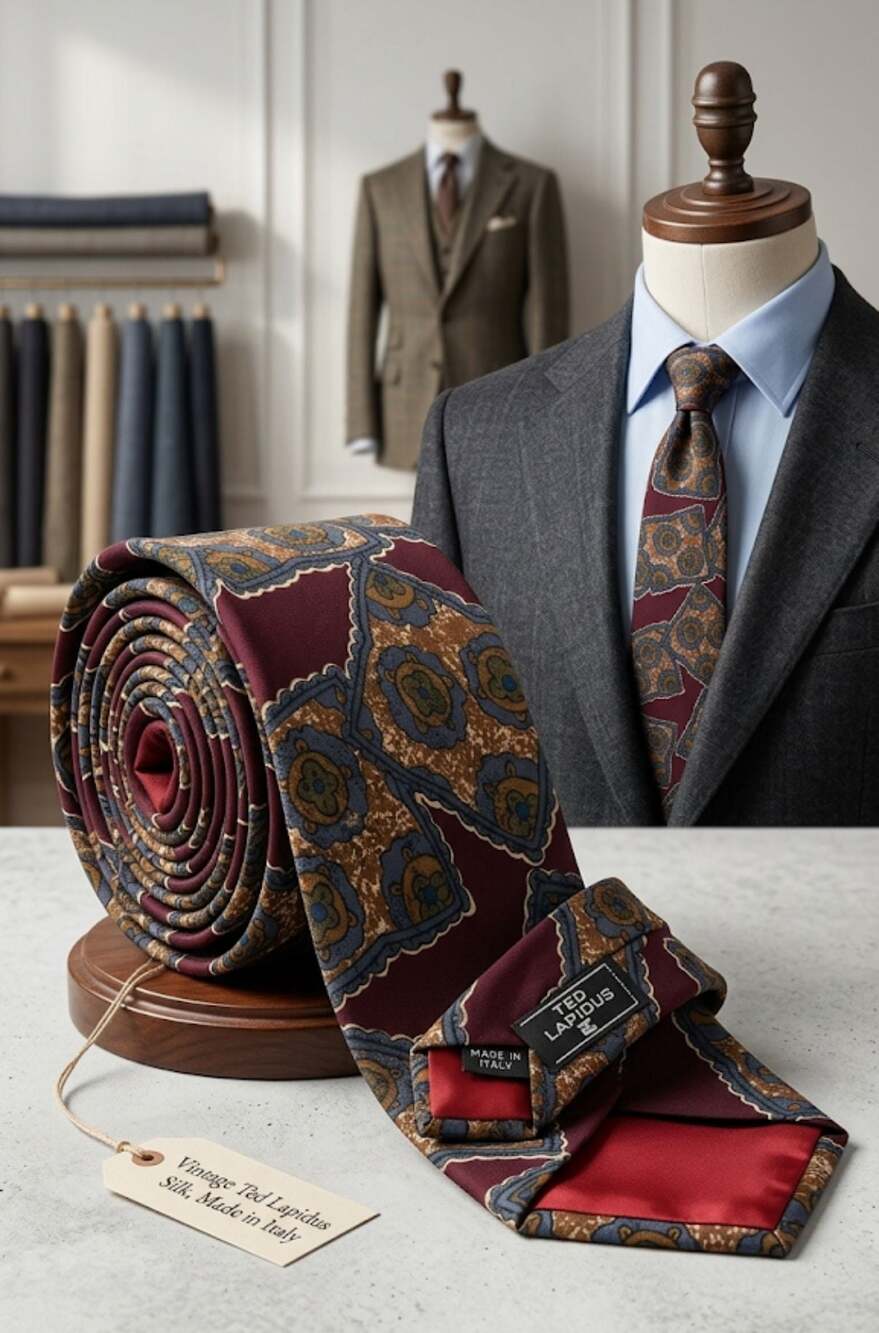 Vintage Ted Lapidus Silk Necktie Burgundy Geometric Pattern Made in Italy